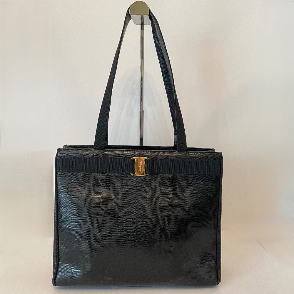 Salvatore Ferragamo Lizard Embossed Leather Vala Ribbon Tote Black